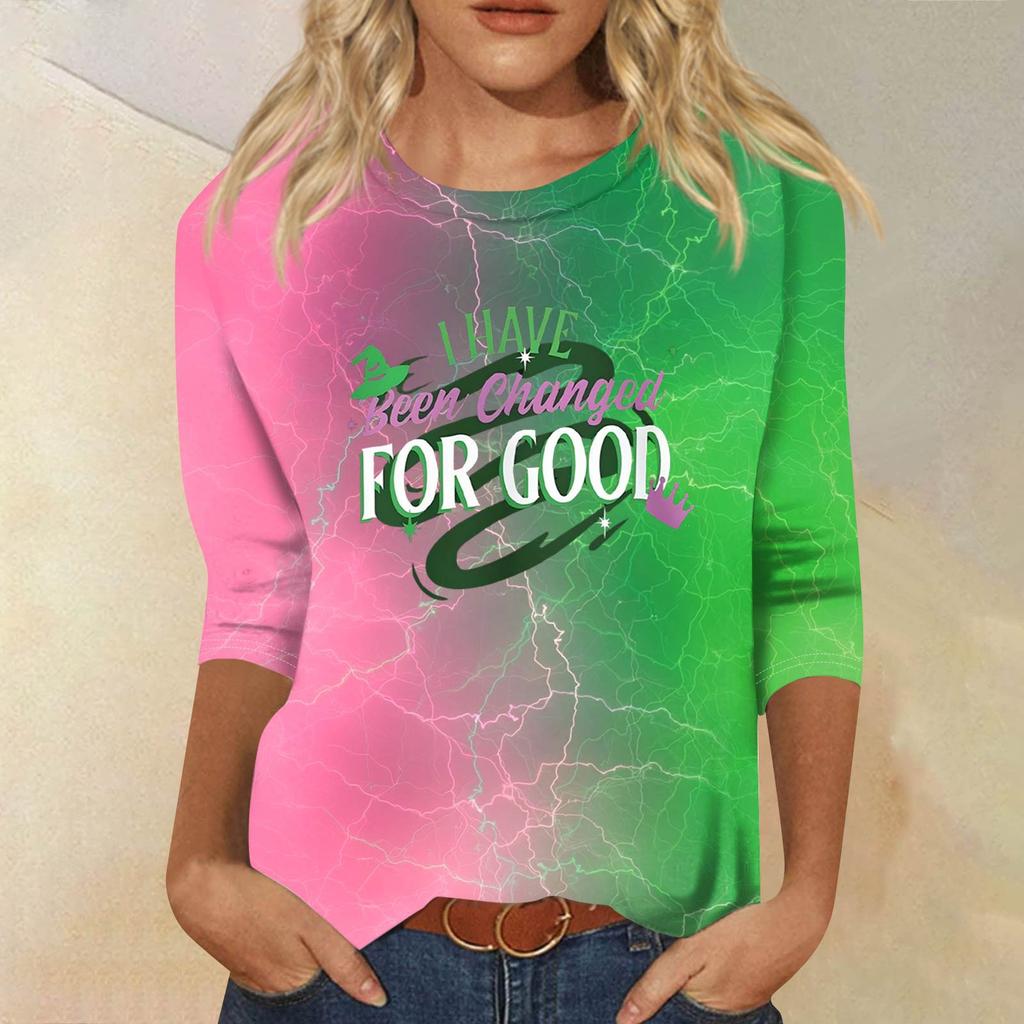 Women's Fashionable Casual Three-Quarter Sleeve Printed Round Neck Top