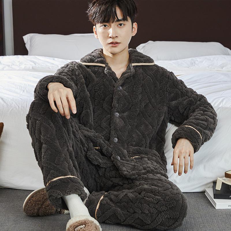 Men's Warm Flannel Pajamas, Zippered Stand-up Collar, Long Sleeve, Coral Fleece Cardigan for Autumn and Winter