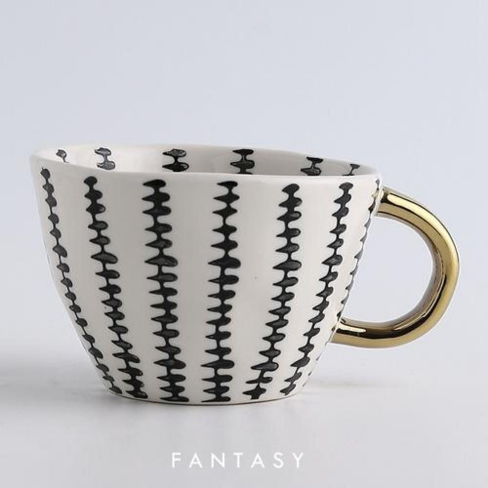 American Irregular Geometric Ceramic Coffee Cup with Gold Plated Handle Black and White Pattern Milk Tea Cup Home Accessories