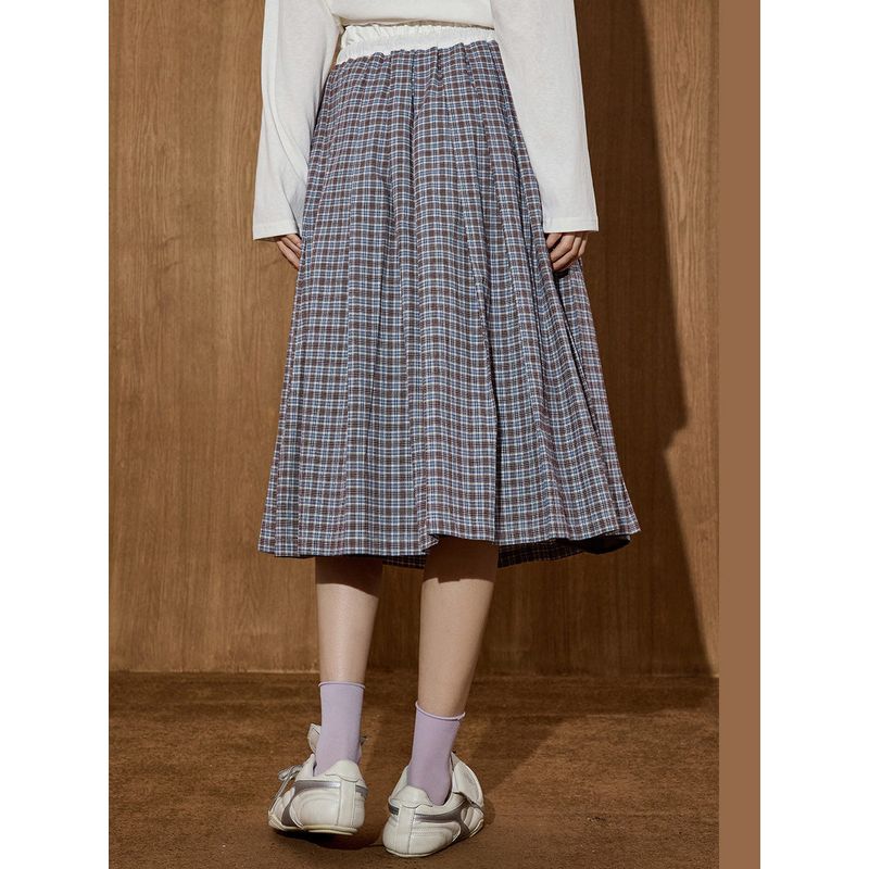 Coolhut2025 Autum Women's Fashionable Plaid Pleated Skirt Elastic Waist Lace Skirt