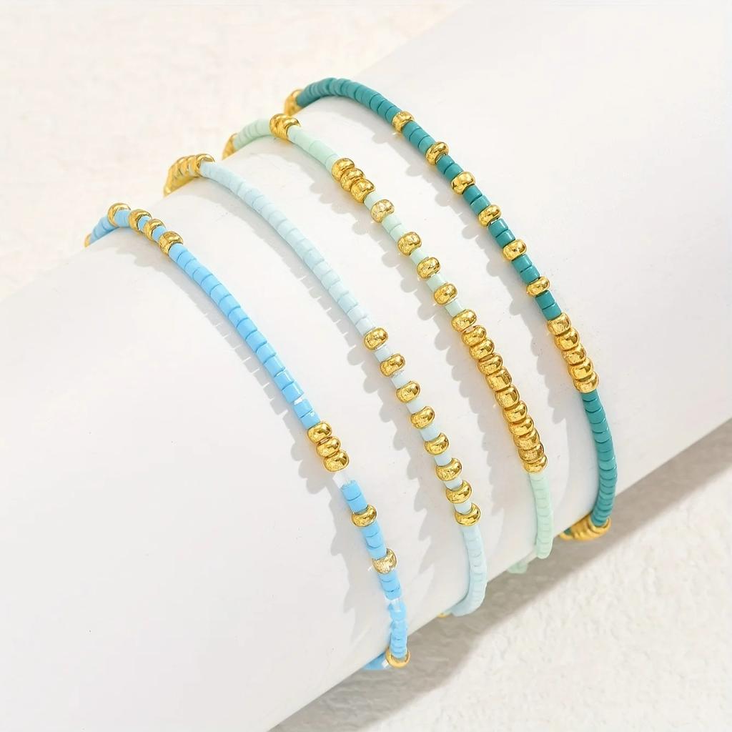 4pcs/set Bohemia Turquoise Color Seedbeads Stretch Bracelet Jewelry Glassbeads Elastic Handmade for Women Girls Daily Wear Gifts
