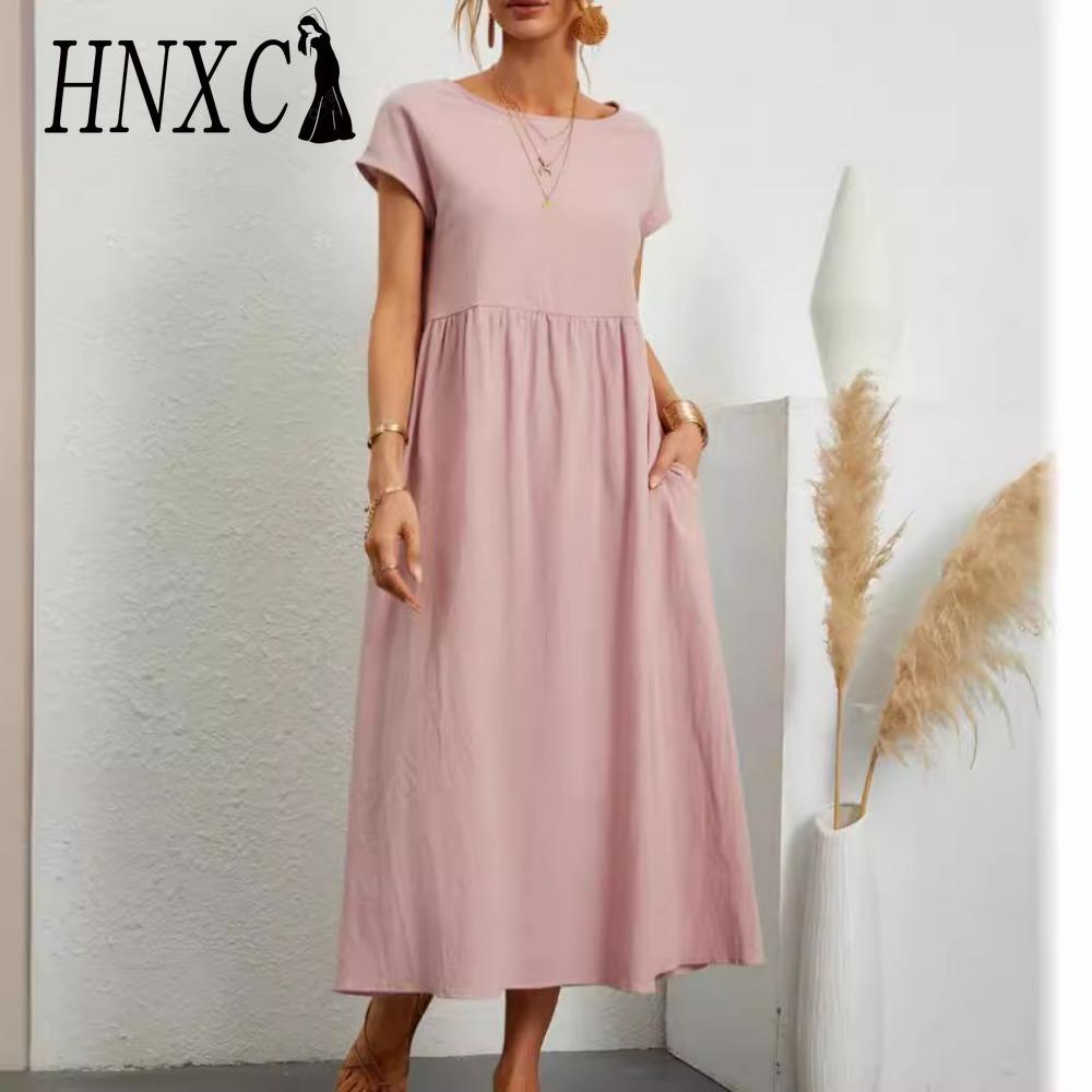 HNXC Sommer Freizeit Lockeres Kleid Damen Kurzarm O-Ausschnitt A-Linie Damenkleid mit Tasche Büro Damen Baumwolle Leinen Kleider