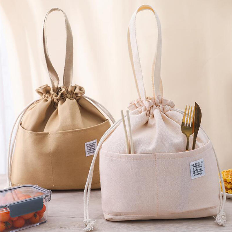 1pc Drawstring Canvas Insulated Lunch Bag Aluminium Foil Thermal Bento Box Tote Cooler Handbags For Office Outdoor Picnic