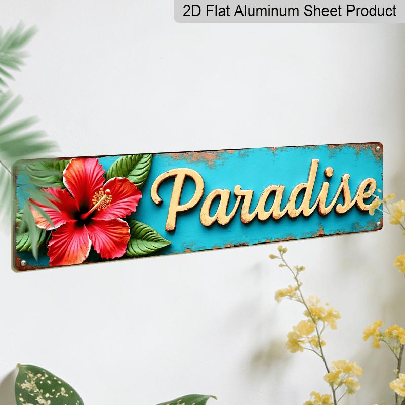 2D Flat, Turquoise & Golden Vintage Hawaiian Hibiscusalumium Decorative Sign - Large Red Flower Rustic Beach House Decor, Durable Iron Tropical