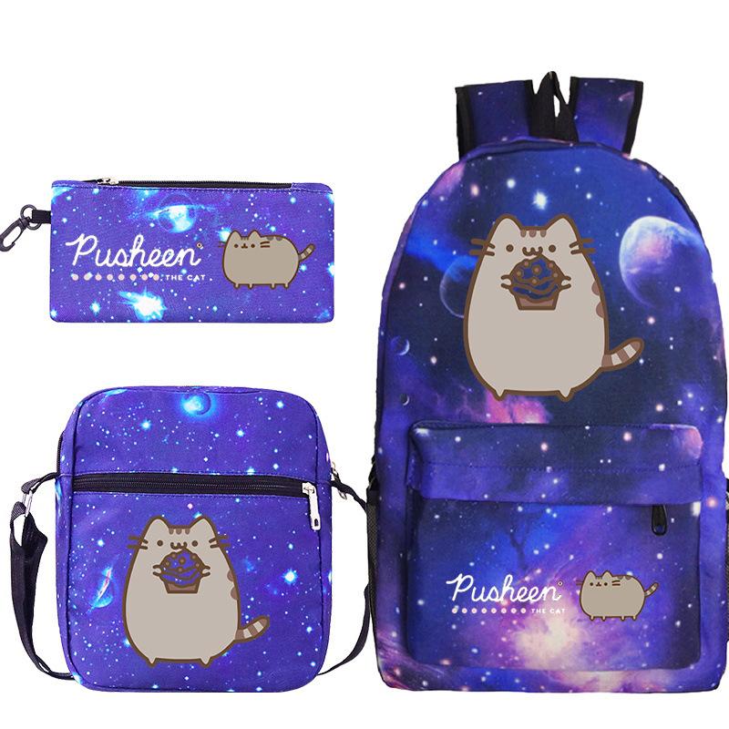 Pusheen fette Katze niedlicher Cartoon bedruckter Schulranzen grenzüberschreitende Studenten tragbare Umhängetasche Federmäppchen dreiteiliges Set