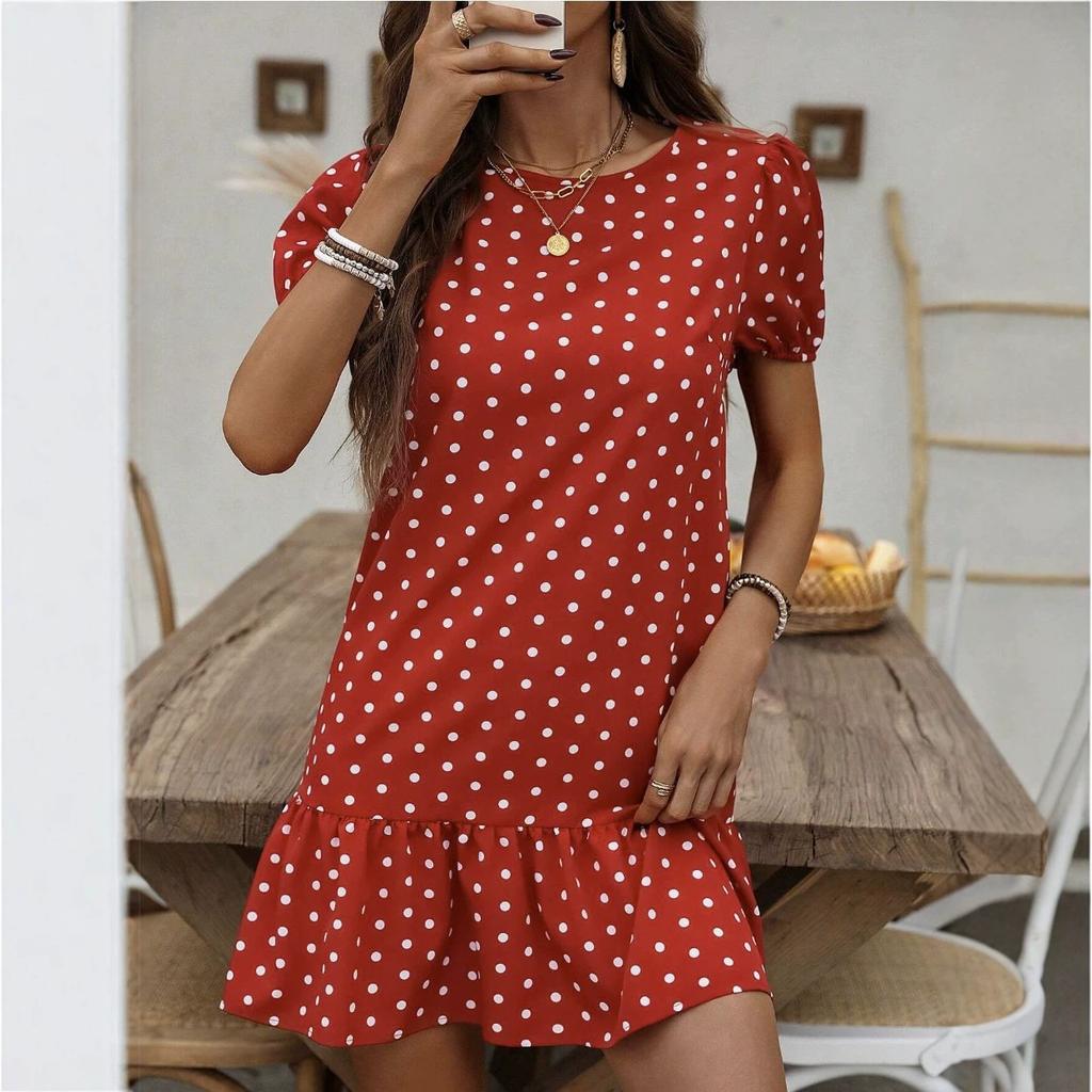New European and American polka dot loose short skirt, round neck lotus leaf hem French casual vacation temperament dress
