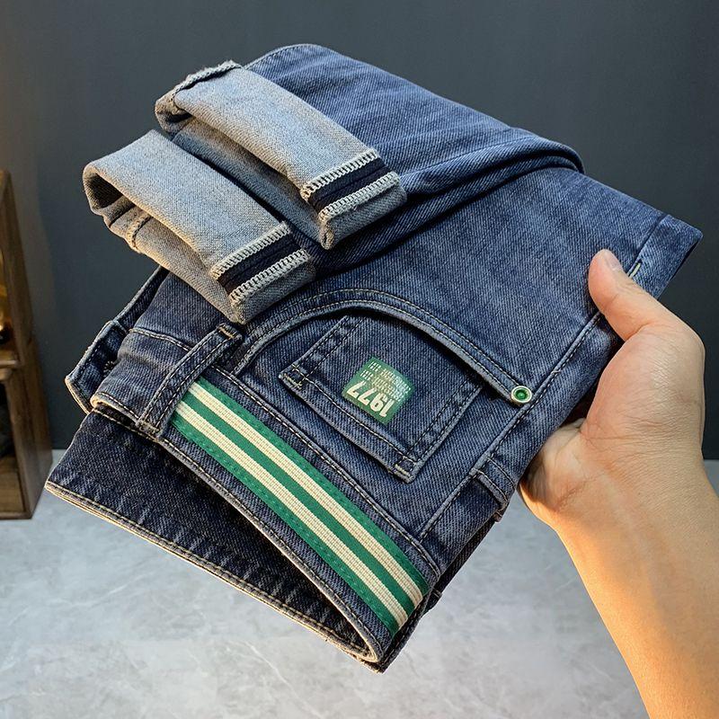

Men s Jeans 2025 Trendy Brand Embroidery Print Stretch Korean Style Slightly Flared Slim Fit Skinny Pants Versatile Casual Trousers 28 синій