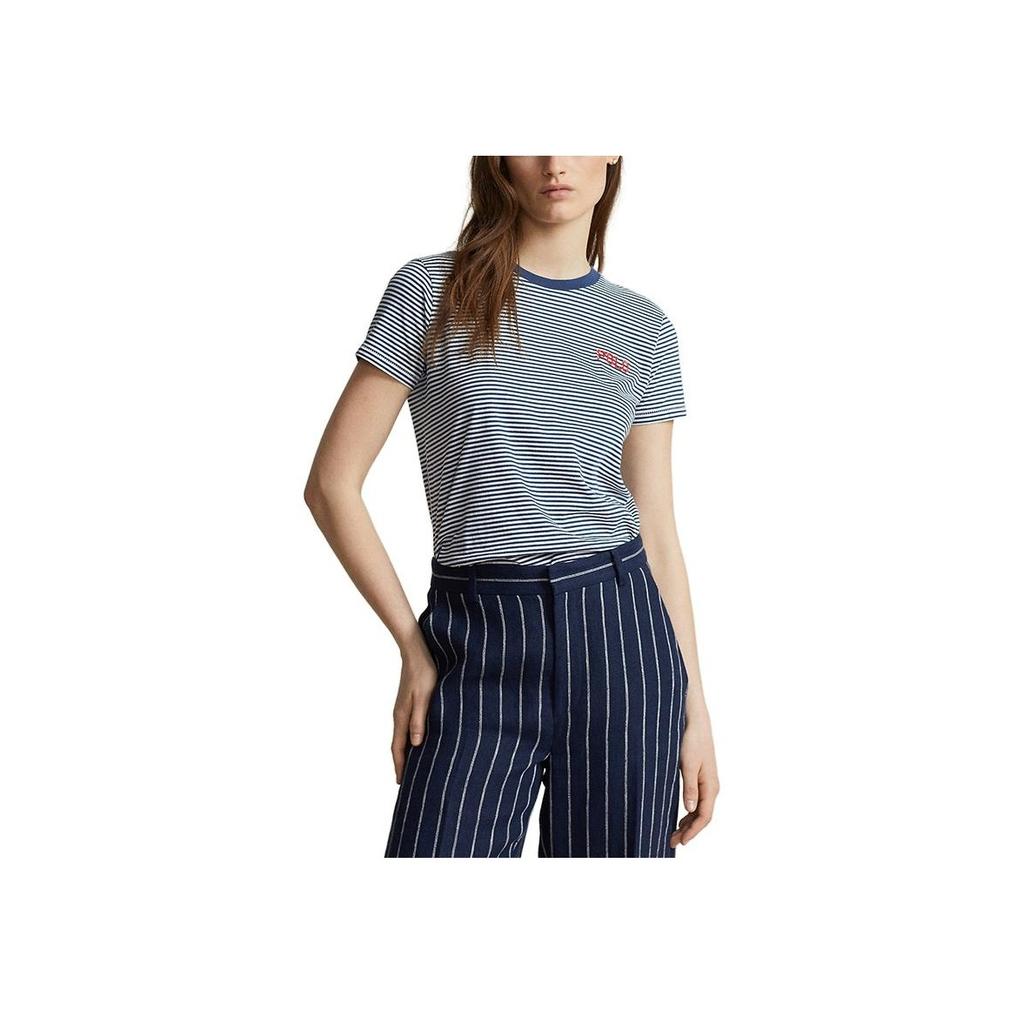 Polo Ralph Lauren Logo Embroidered Striped Casual Crew Neck Short Sleeve T-Shirt Women T-Shirts Blue WMPOKNINCU20830-400