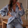 Women's Blue White Checked Long Sleeve Shirt Casual Loose Fit Blouse