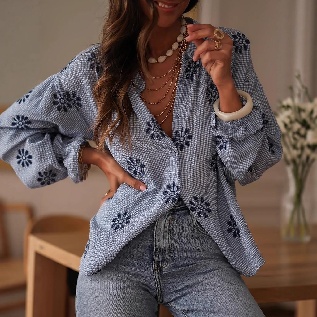 Women's Blue White Checked Long Sleeve Shirt Casual Loose Fit Blouse