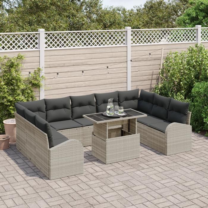 Ensemble de 10 Pièces de Canapé de Jardin avec Coussins Gris Clair en Rotin Poly, Canapé de Jardin 2 Places avec Rangement 3357445
