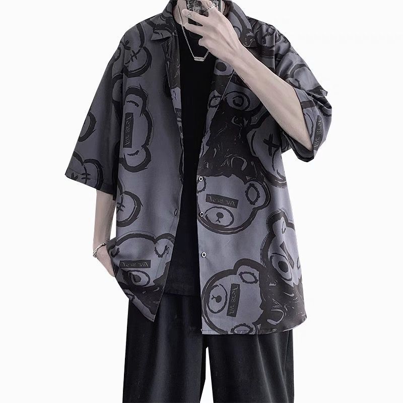Women's Harajuku Blouse Korean Style Oversized Shirt Black Cool Chiffon Short Sleeve Button Up Tops Alt Clothes Fashion