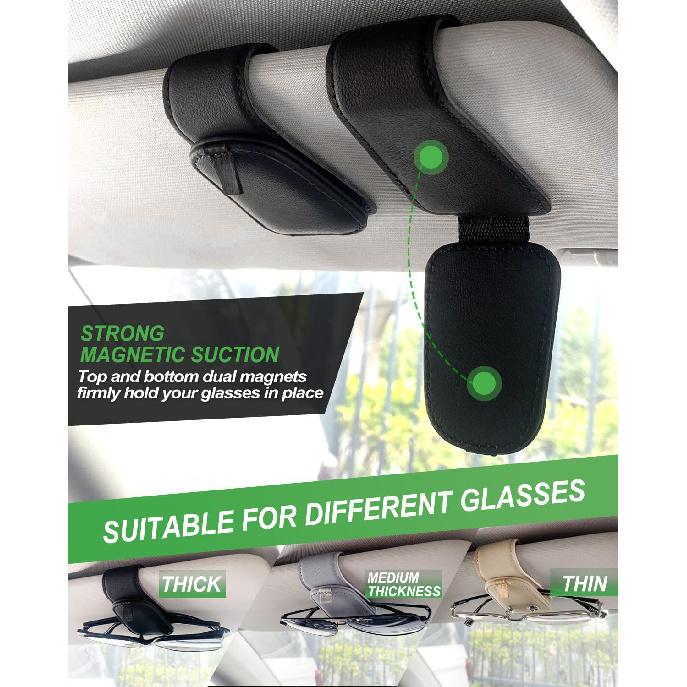 Sunglass Holder For Car, 2 Pack Car Sunglass Holder Visor Clip Magnetic Leather Sun Glasses Eyeglass Hanger, Fit For Different Size Eyeglasses,