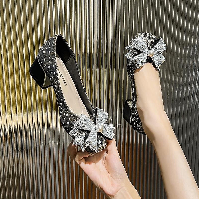 2024 New Women Shoes Fashion Thick Heel Square Toe Rhinestone Shallow Mouth Women Shoes Large Size 43 Women's Wedding Shoes