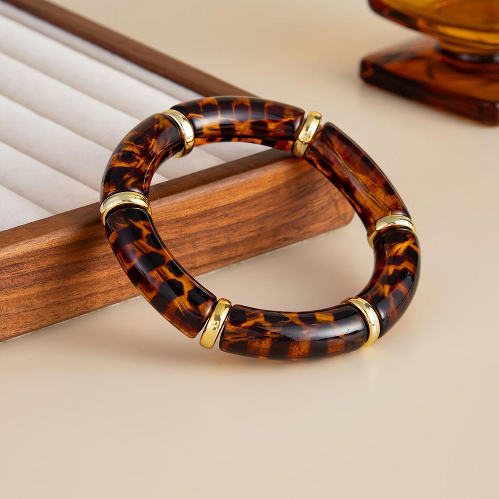 Vintage Stackable Acrylic Bracelets for Women Bohemian Round Retro Tube Beaded Bracelet Bangles Leopard Resin Elastic Bangle  Jewelry Gift
