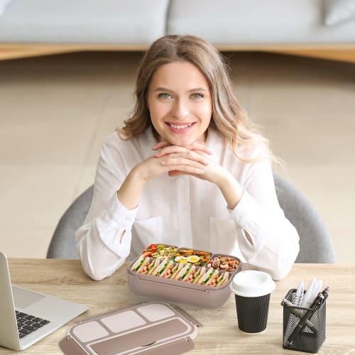 40 Oz/5 Cup Bento Box for Adults, Men and Women, 4 Compartments, Lunchable Food Containers, Sauce Jar, Muffin Liners, Microwave & Dishwasher Safe, Bro