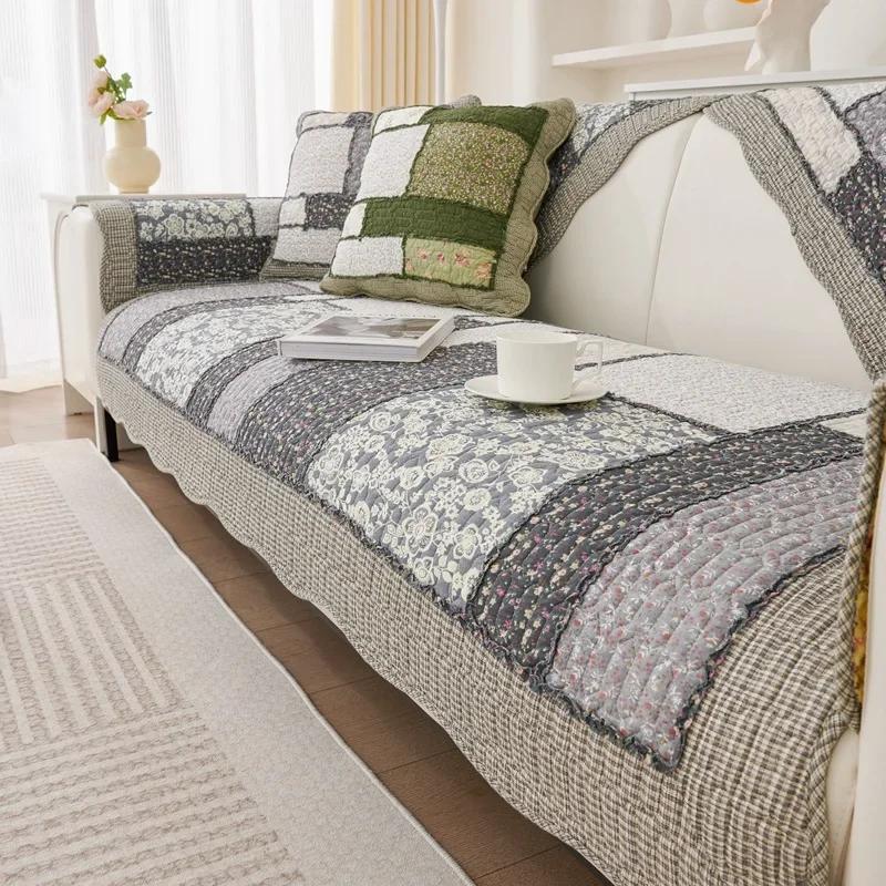 1Pcs Thickened Cotton Sofa Cushion Splicing Grid Quilted Sofa Cover Living Room Decoration Anti Slip Sofa Cover Towel Couch Pad