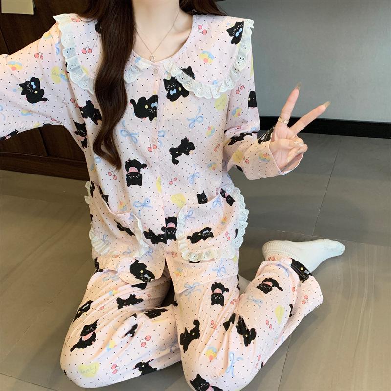 Sweet Pet Cartoon Pajamas Women'S Spring Long-Sleeved Doll Collar Fairy Style Loungewear Cloud Cotton Two-Piece Set