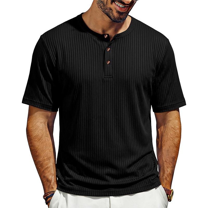 Men Retro Casual Ribbed Henley Short Sleeve Sports T Shirt