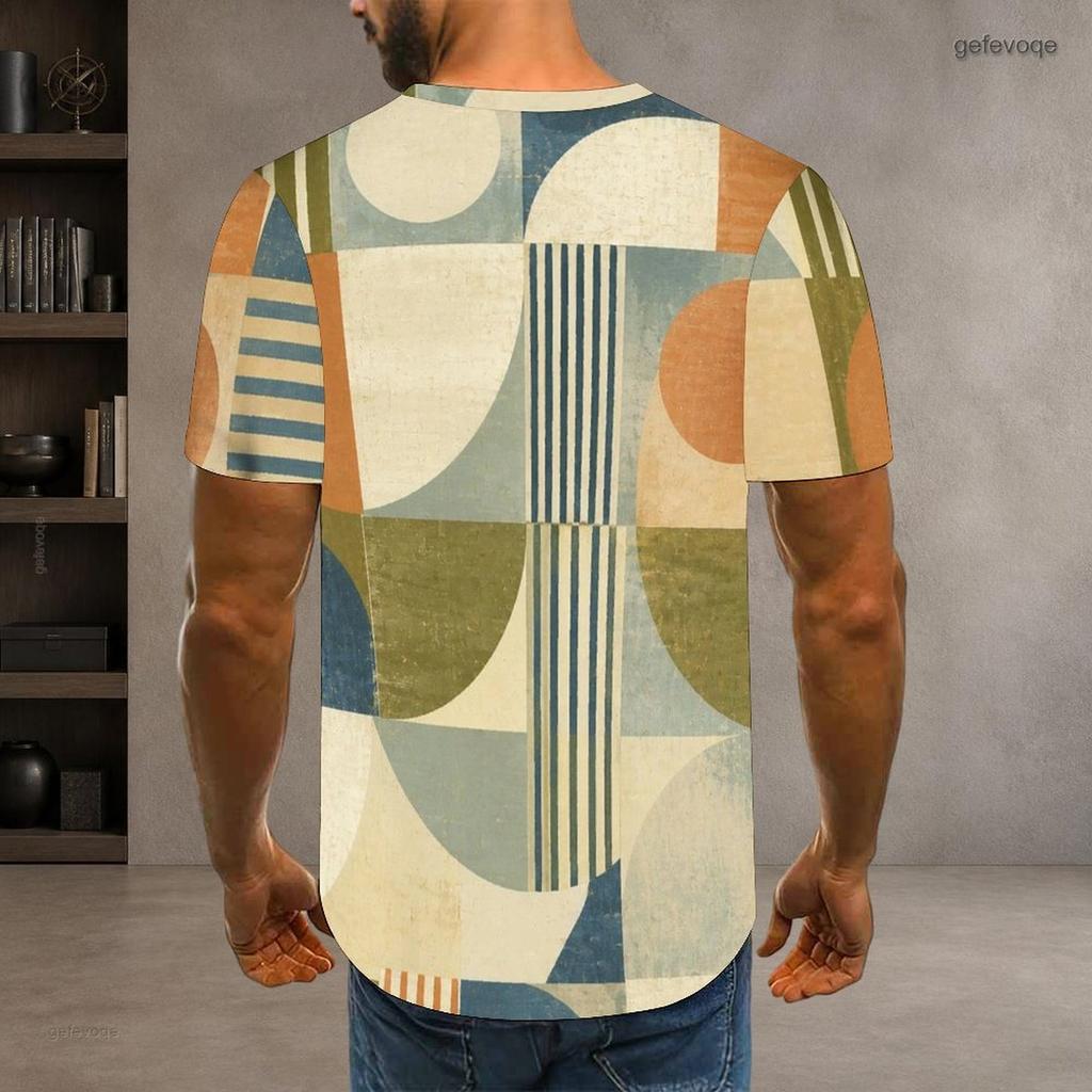 Men Plus Size Round Neck Short Sleeve T Shirt Abstract Geometric Printed Multicolor Casual Pullover
