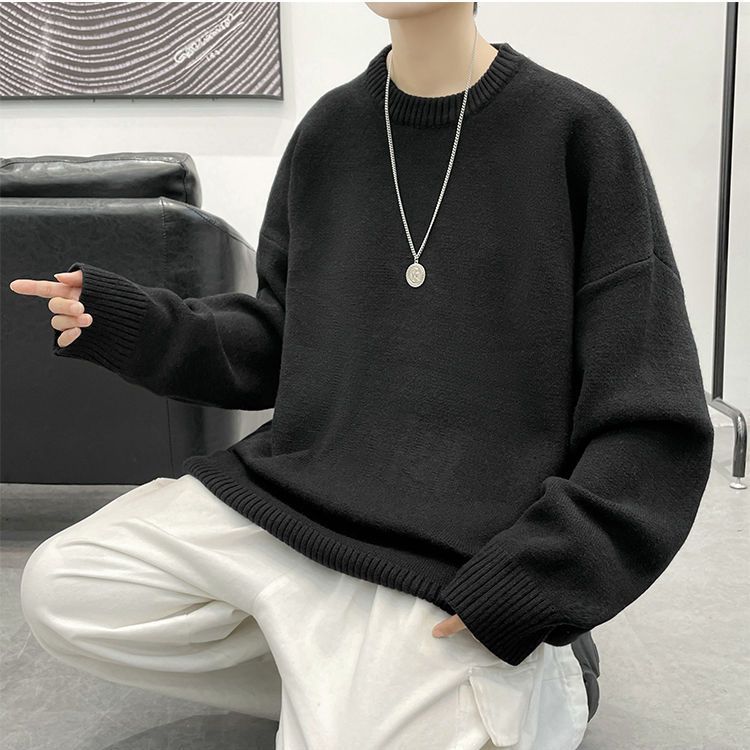 

Свитер с круглым вырезом, мужской однотонный теплый толстый свободный вязаный свитер, универсальный S чёрный
