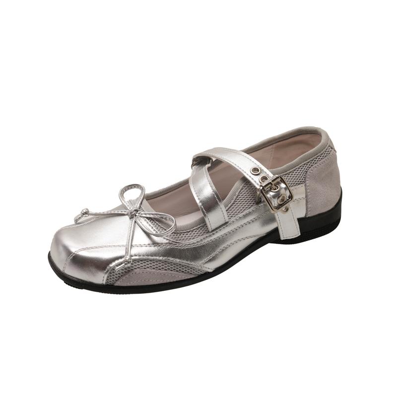 Fashion Designer Silvery Butterfly-knot Women Flats Shoes Square Toe Eelgant Soft Sole Mary Jane Shoes