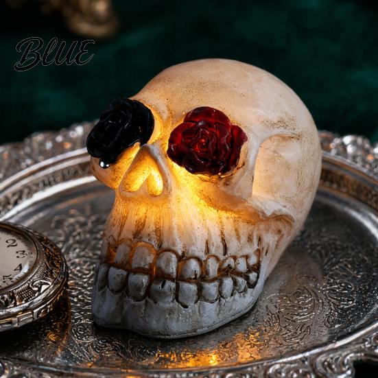 Halloween Ambient Light Gothic Up Skull Rose Flower Figurine Day of Dead Resin Lamp Statue Spooky Skeleton Head for Desk Home Decor