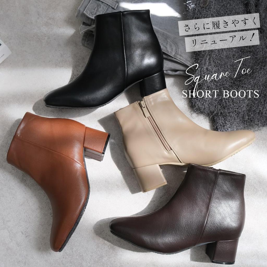 [AmiAmi] Short Boots, Square Toe, 5cm Heel, Women's, Comfortable to Walk In, Black, Winter, Heel CX3202 (M (23.5cm), Black (Smooth))