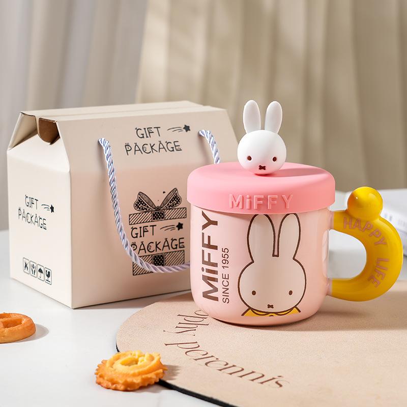 High Value Cartoon Miffy Ceramic Cup with Lid for Home Cute Couple Water Cup Gift Box Creative Souvenir Mug