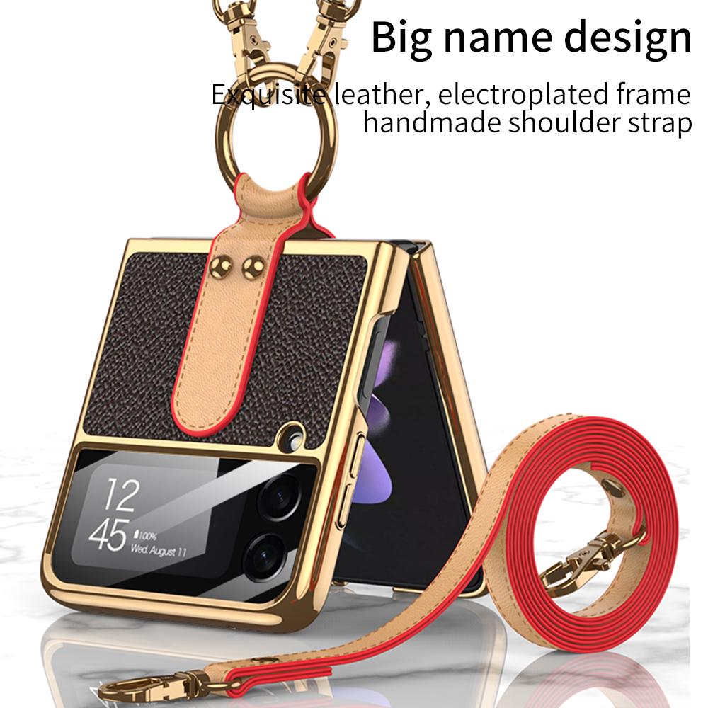 For Samsung Galaxy Z Flip 3 5g Case Original Case Luxury Plating Leather Strap Ring Stand Hard Cover For Samsung Z Flip 3 5g