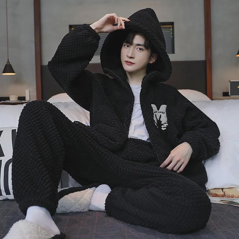 

Чоловіча зимова піжама з коралового флісу з капюшоном, на блискавці, плюс оксамит, потовщений комплект із двох частин для молоді та середнього віку. 3XL (87-100 kg)