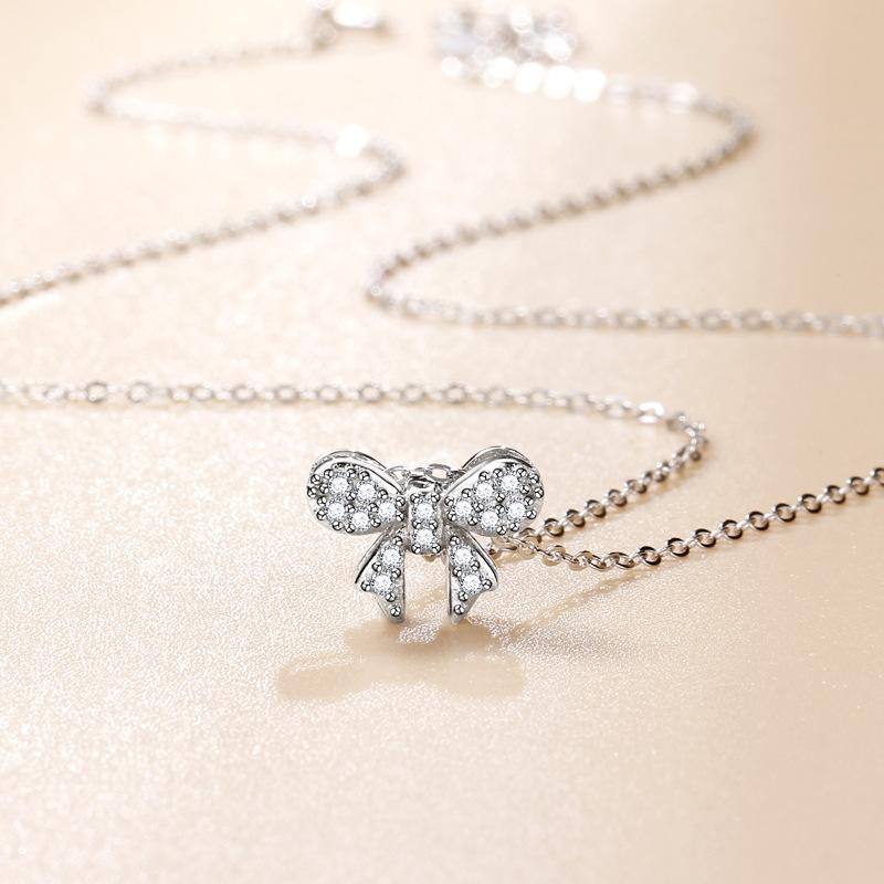 Full Diamond Bow Necklace Female Korean Version Fashion Versatile Pendant Niche Design Sense Ins Style Accessories