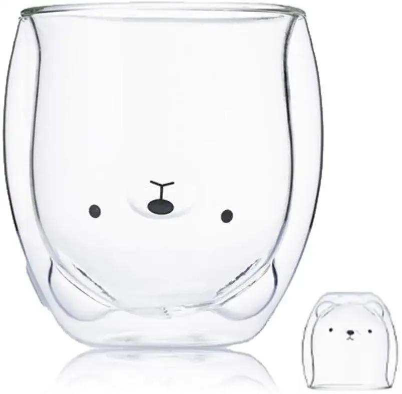 Lovely Glass Mug Transparent Double-Layer Coffee Mug Cartoon Bear Cat Prevent Scald Glass Cup Breakfast Milk Lemon Juice Cup Mug