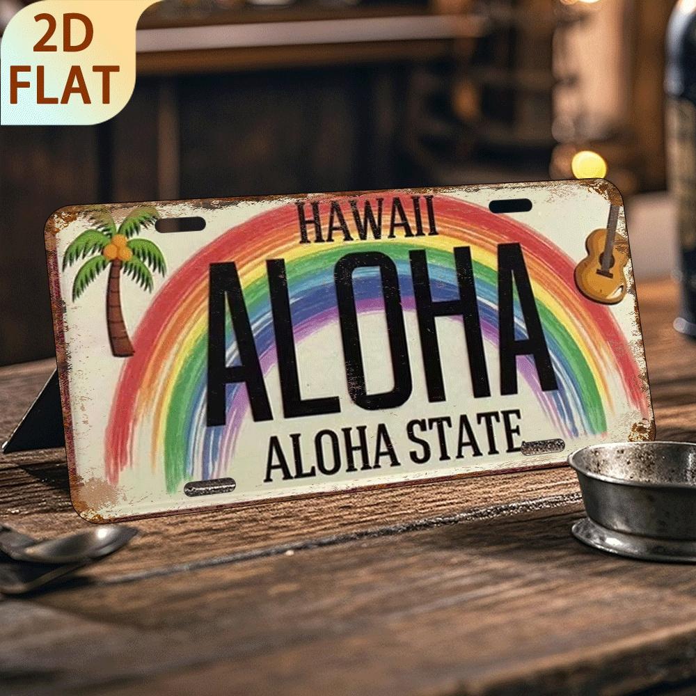 D Flat Pc Vintage Hawaiian Aloha Metal Sign Retro Aluminum Wall Decor with Tropical Rainbow Palm Tree Design