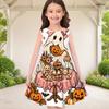 Girls Round Neck Sleeveless A Line Flared Hem Dress Halloween Raccoon Pumpkin Printed