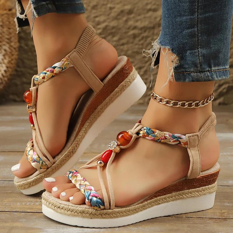 Fashion Bohemian Style Espadrille Wedge Sandals for Women Beaded Decor Ankle Strap Platform Sandals Woman Comfortable Summer Beach Shoes