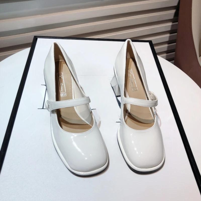 Fashion 2024 Spring Autumn Women Buckle  Shoes Leather Square Head Square Heel Solid Color Women's Shoes