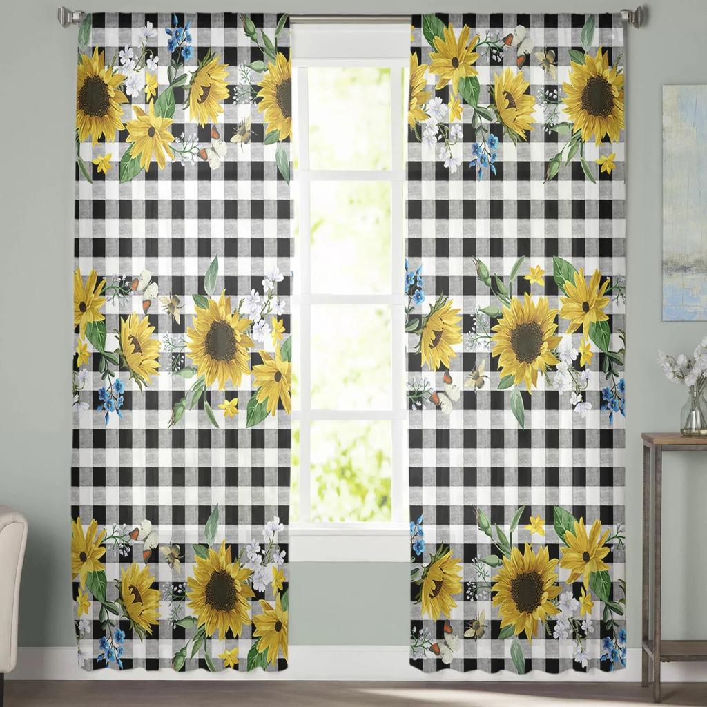 Sommer-Sonnenblumen-Blume, kariert, durchsichtige Vorhänge für Wohnzimmer, Schlafzimmer, Dekoration, Chiffon, Tüll, Voile, Küche, Fenstervorhang