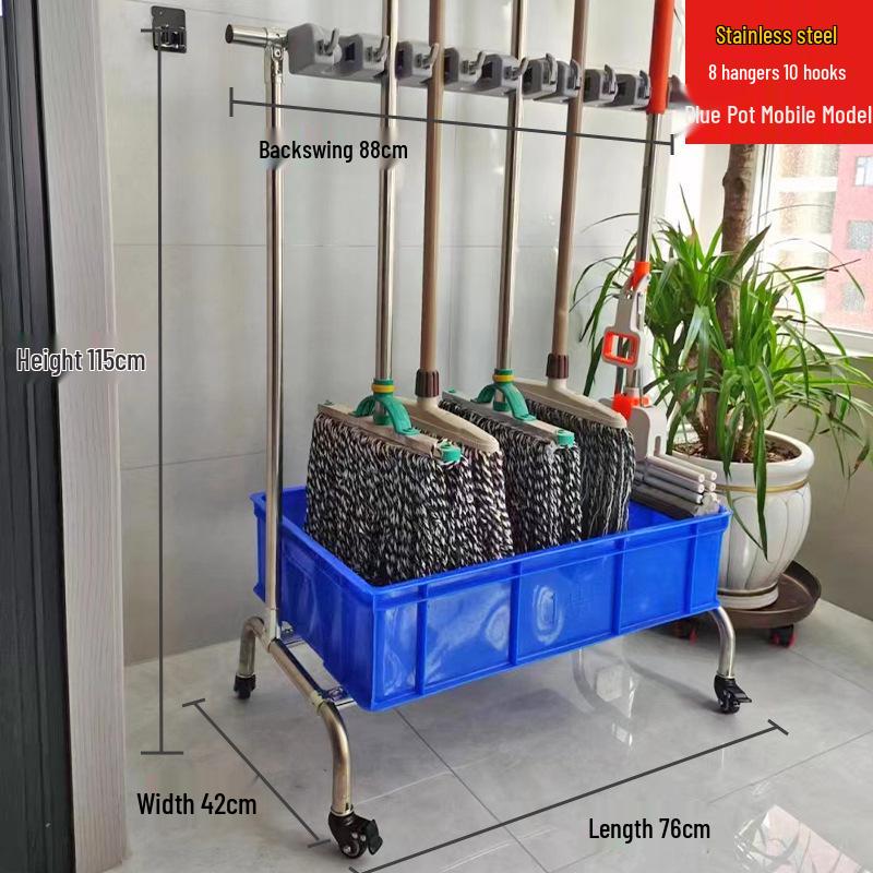 Movable Stainless Steel Mop & Broom Hanger - Floor-Standing Punch-Free Storage Rack for Balcony & Bathroom