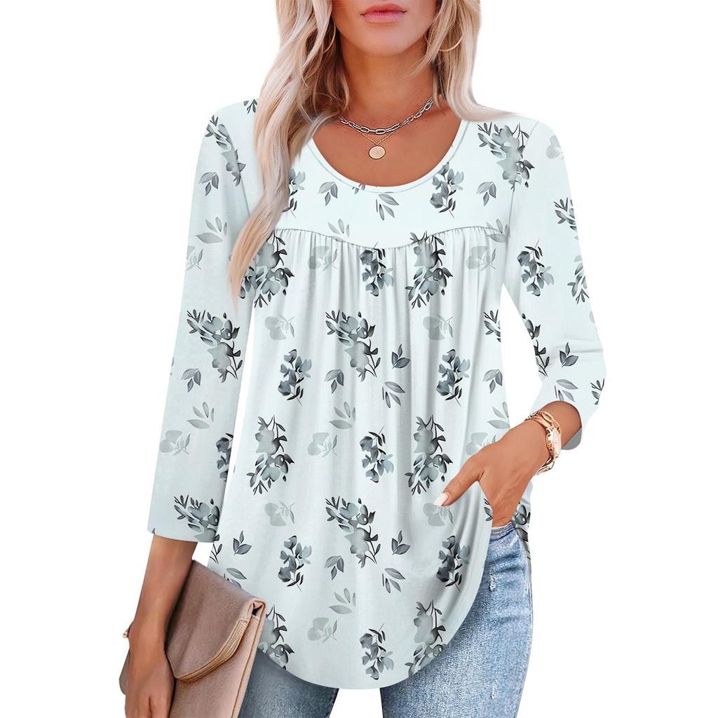 Women's Fashion Seven Sleeve Top Round Neck Pleated Casual Printed Top