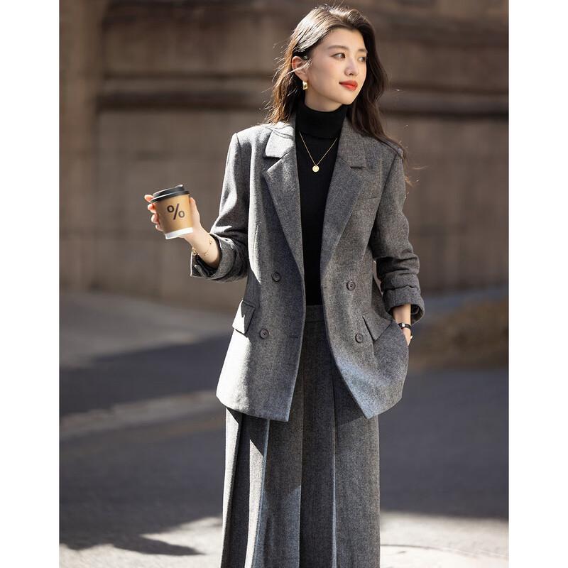 Demana Women's Winter Lamb Wool Plaid Blazer & Pleated Skirt Set