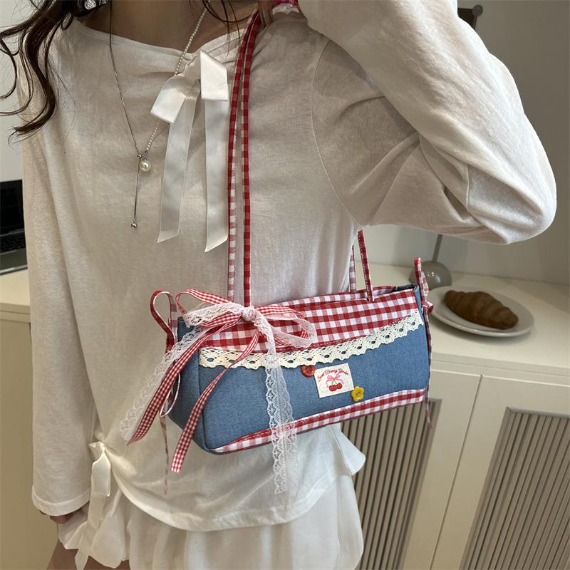 Casual Plaid Canvas Bag Women's 2025 New Fashion Ballet Girly Underarm Bag Large Capacity Shoulder Bag