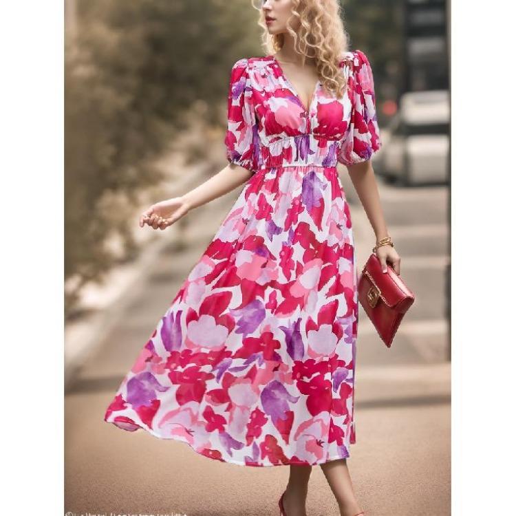 Summer Casual Boho Floral Print Midi Dress Women V Neck Short Sleeve Holiday Long Dress Fashion