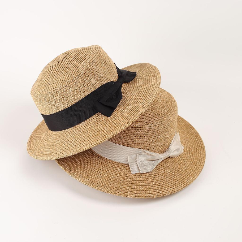 Straw hat woman summer British retro flat top shopping top hat shading sun protection beach hat travel tide summer