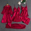 Pajamas, Women's Summer Ice Silk Sexy Home Clothes, Spring and Autumn Long Sleeved Thin Size Plus Five Piece Set, Bathrobe