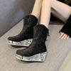 Fashion Rhinestone Suede Wedge Single Boots Women's Fashion Round Toe Rear Zip Platform Anti-Slip Wear-Resistant Short Shoe