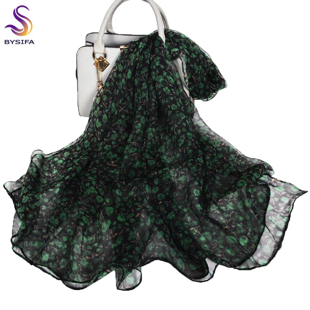 [BYSIFA] Black Green Silk Scarf For Women Elegant Floral Pattern Brand 100% Silk Long Scarves Shawls For Spring Autumn 170*105cm