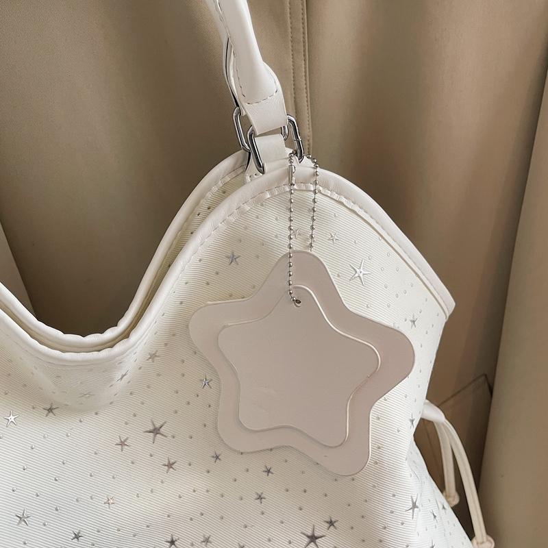 Star Print Tote Bag for Women Fashion Handbag with Star Charm Drawstring Detail