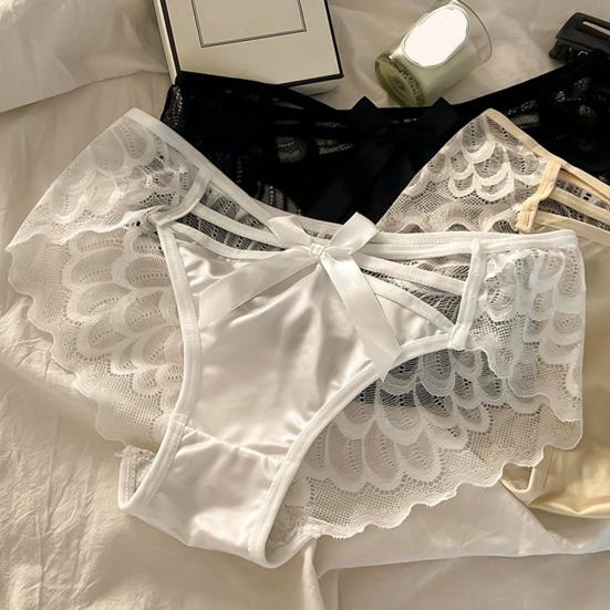 Women Sexy Lace Satin Panties Mid Waist Silky Underwear with Bow Lady Seamless Briefs Invisible Bikini Underwear