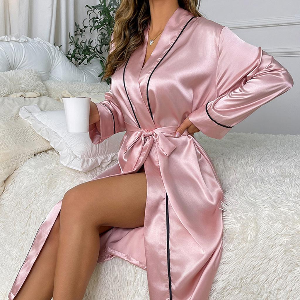 Women's Fashion Home Clothes Cardigan Bathrobe Long Sleeve Solid Color Nightgown